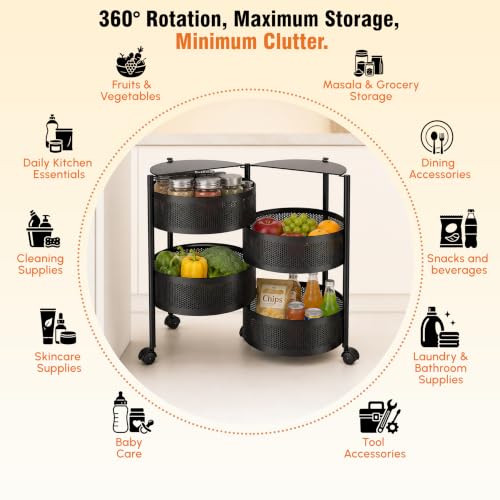 Image of JD FRESH 4 Tier Metal Rotating Kitchen Trolley /360-Degree Rotating Wheels with Expandable Side Opening Design /Movable Butterfly Trolley and Storage Shelf for Kitchen, Livingroom or Bathroom (Black)