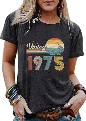 50th Birthday Gift for Women Vintage 1975 Shirts Letter Print Retro Birthday Tops Casual Short Sleeve Tee