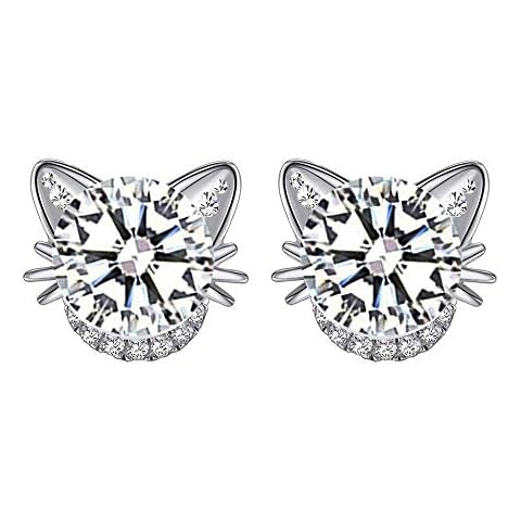MixiuEuro Women Girls Cat Stud Earrings 925 Sterling Silver Cubic Zirconia Cat Heart love Stud Earrings Jewellery Gift For Girls Child Cover