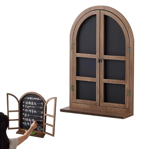 JIUSEGE Wall Mounted Chalkboard Shelf – Rustic Arched Window Frame Blackboard with Storage Ledge for Kitchen, Entryway, Cafe, Menu and Memo Display