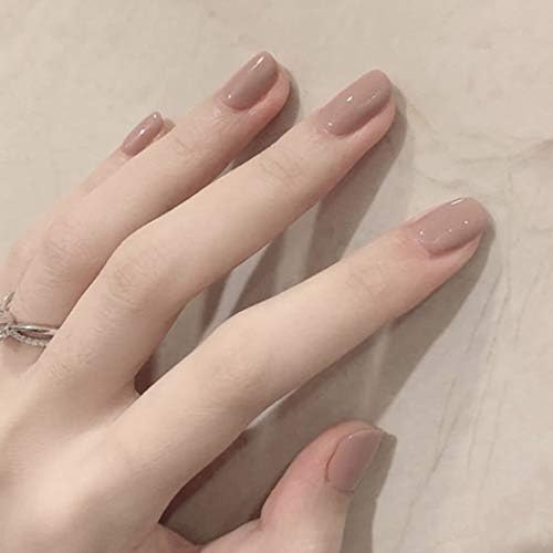 Yizaca Glossy Press on Nails Nude Short Square Fake Nails Full Cover Acrylic False Nail for Women and Girls(24Pcs) (SET H)