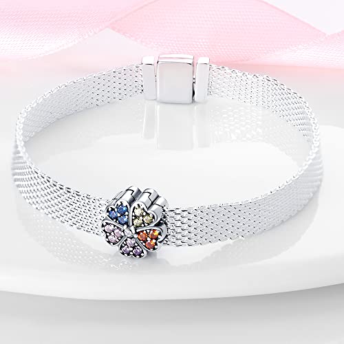KUNSIR 925 Sterling Silver Clip-On Charm for Reflexions Mesh Bracelet Charm Bead fits Flat charm Bracelets Gift for Women（Colorful Heart Plate）2