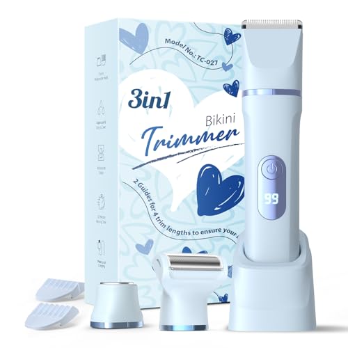 Rasierer Damen, 3-in-1 Intimrasierer für Frauen, für Körper & Intimbereich mit LED-Anzeige, Damenrasierer elektrisch IPX7, Wiederaufladbar mit USB-Ladestation, Trimmer Damen nass & trocken, Blau