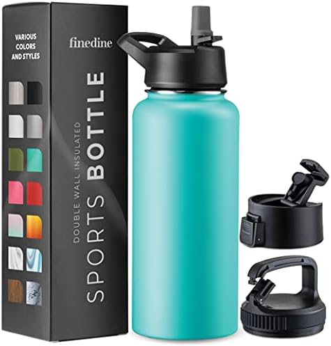 FineDine Insulated Water Bottles with Straw – 32 Oz Stainless Steel Metal Water Bottle W/ 3 Lids – Reusable for Travel, Camping, Bike, Sports – Cheery Turquoise
