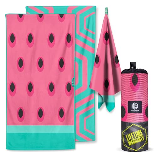 VENTURE 4TH Microfiber Beach Towel: Quick-Dry, Compact, Sand-Free, Absorbent, Sandproof and Lightweight - Perfect for Camping, Beach, and Roadtrips (Watermelon Design | 35x78 inches)