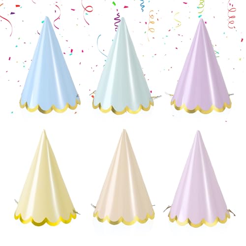 CYMYGS 6 Pcs Pastel-Coloured Birthday Party Hats, Reusable Colorful Cone Birthday Hats for Kids with Gold Elastic String for Kid Pets Baby Showers Wedding Partys and Celebrations (6)