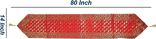 Image of Traditional Brocade Silk Table Runner for Living Room 4 to 6 Seater Dining Table Runner Elephant End Tassels 14x80 Inches (Red)