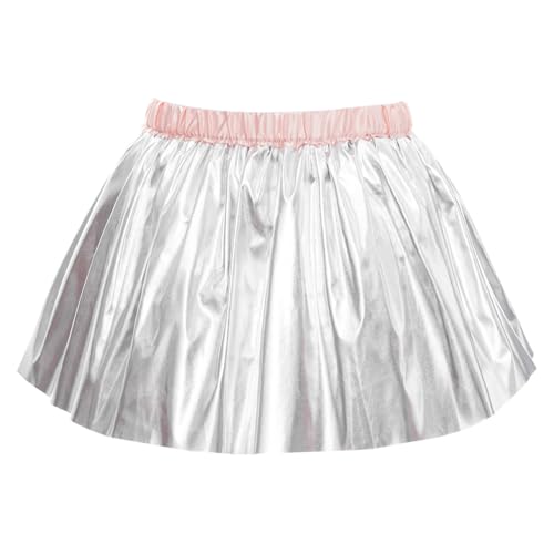 JanJean Kids Girls Shiny Pleated Dance Skirt Metallic Flared Skater Skirt Hip Hop Jazz Belly Dance Performance Costume Silver 2-3 Years