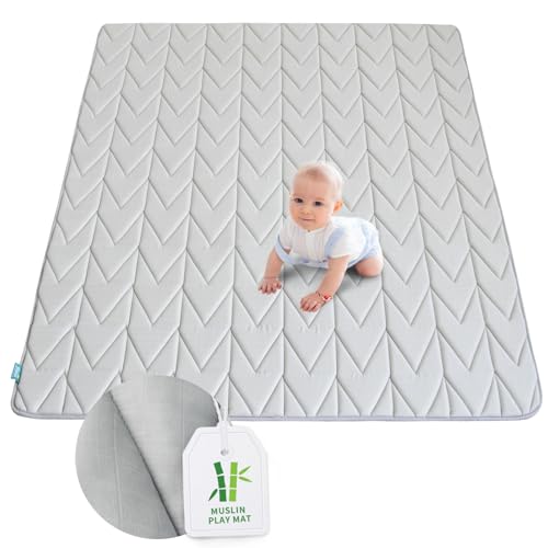 Image of Biloban Foam Muslin Play Mat 71×59, Fits for Dripex & Suposeu Playpen, One-piece Crawling Mat for Baby & Toddler to Play on Floor, Non Slip, Grey