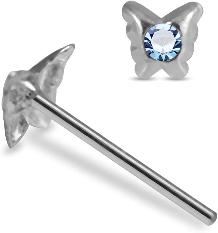 Crystal Stone Curved Butterfly Design 22 Gauge 925 Sterling Silver Straight Nose Pin - Nose Stud - Tiny Nose Ring - Nose Piercing Body Jewelry