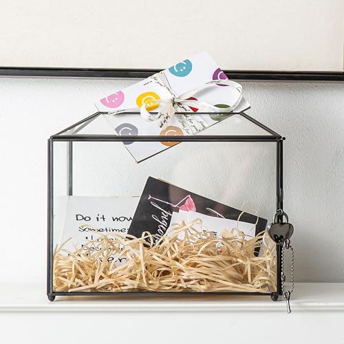 Sanllusit Wedding Glass Card Box with Slot and Lock, 10.2 x 6 x 8 Inch, Small Black Geometric Cards Holder for Birthdays Party Reception, Wishing Well - Slot Length 6.3\'\' (Glass Box Only) - Thumbnail 2
