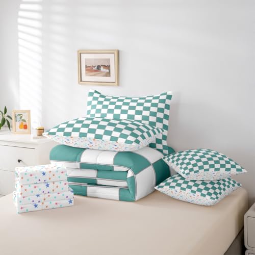 Image of Erosebridal Girls Teal Bedding Set King Turquoise Checkered Comforter Set with Sheets 7 Piece for Kids Teen Women,Geometric Grids Plaid Bed in A Bag Bedroom Decor,Gingham Bed Sets