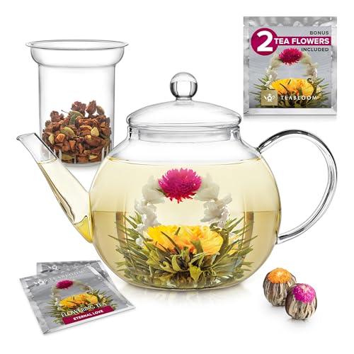 Image of Teabloom Stovetop & Microwave Safe Glass Teapot with Removable Loose Tea Glass Infuser - Includes 2 Blooming Teas - 2-in-1 Tea Kettle and Tea Maker - Tea Purist's Choice