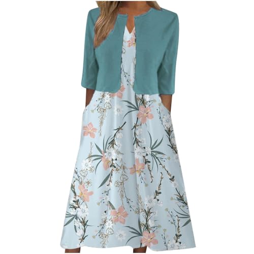 2 Piece Dress Sets for Women Fashion Floral Print Midi Dresses V-Neck Half Sleeve with Jacket Cardigan A-Line Outfits