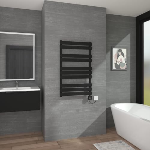 Warmehaus Smart WiFi Touch Screen Thermostatic Electric Heated Towel Rail Radiator Black Flat Panel with Weekly Timer Child Lock Bathroom Ladder Radiator 1000x600mm 600W