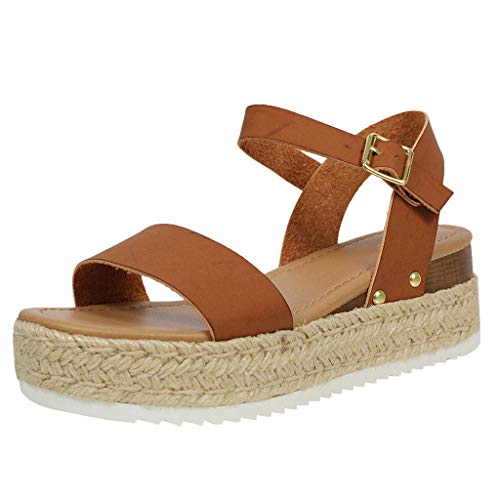 Sandalias Mujer Wedge Tacon Alto 2019 Verano Romana Playa Moda Fiesta Cómodos Zapato Bohemia Casual Calzado Elegantes Gladiador Sandal ZOELOVE Color sólido Punta Abierta Gruesa/Brown,35