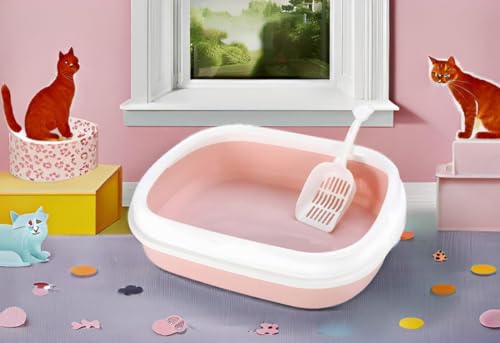 Image of Cat Litter Box Tray with Free Scooper | Semi Closed Design and Durable Quality | Suitable for All Adult Cats & Kittens, Color - May Vary