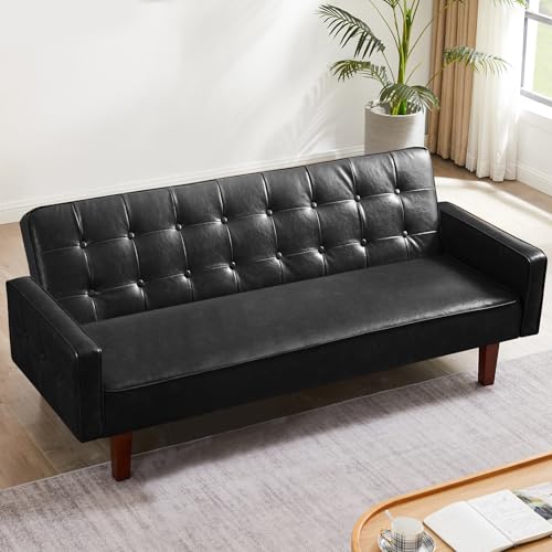 Image of Faux Leather Couch, Mid Century Modern Sofa with Memory Foam, Comfy 3 Seater Couch for Small Spaces, Living Room, Office, Black