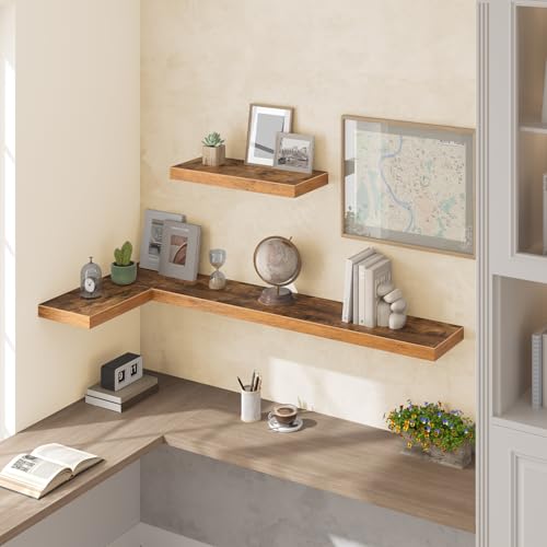 Image of HOOBRO Floating Shelves for Wall, Wall Mounted Shelf Set of 2, 55 inch Hanging Shelf with Invisible Brackets, for Wall Storage in Bathroom Bedroom Kitchen Living Room Office, Rustic Brown BF140BJP201