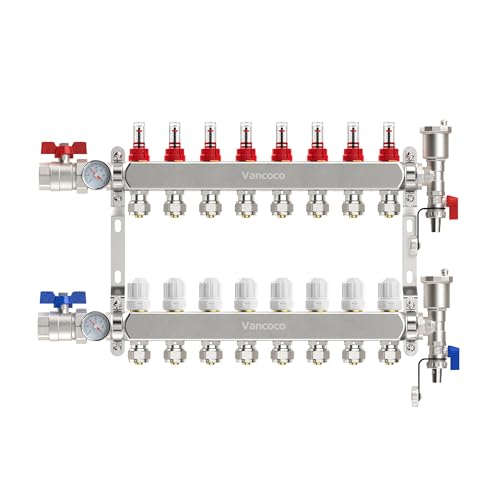 VANCOCO Heizkreisverteiler Edelstahl für 8 Heizkreise mit Eurokonus 16 × 2 mm, Fußbodenheizung Verteiler, Schnellentlüfter Set, 1" Kugelhähne, Durchflussmesser