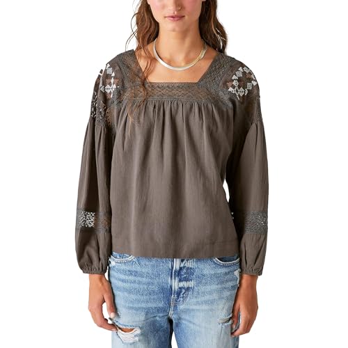 Haut brodé Lucky Brand femme Washed Black vêtement bohème