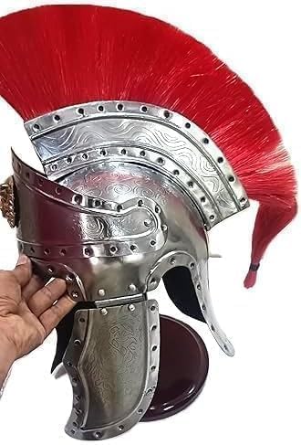 Medieval Roman Centurion Helmet with Red Plume, Brass and Steel Construction, Wooden Stand Included, 16.5 x 8 x 15 Inches (Silver)