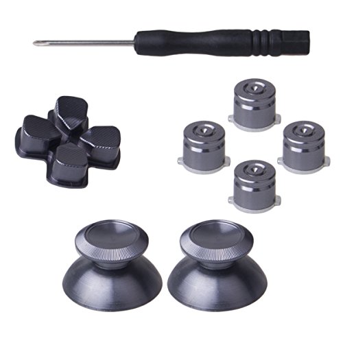 YoRHa 8 en 1 Métal Aluminium Thumbsticks Analog Sticks Joysticks & Bouton & D-Pad Réparation de Remplacement Kits(Pistolet Gris) pour PS4/Slim/Pro Manette avec Tournevis