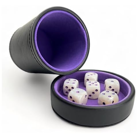 Luck Lab Leather Dice Cup with Lid Including 6 Matching White Pearl and Purple Dice - Purple Velvet Interior for Quiet Shaking - Use for Liars Dice Farkle Yahtzee Board Games, Black Cover