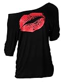 Smile Fish Women Casual Oversized Sexy Lips Print Off Shoulder T-Shirt (XL, Red Lips)