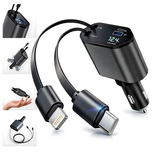 Carregador Veicular Turbo 120W 4 em 1 com Cabos Retráteis – Compatíveis com Lightning, USB e Tipo C – Carregador Automotivo Universal para Smartphones, Tablets e Dispositivos Compatíveis Premium