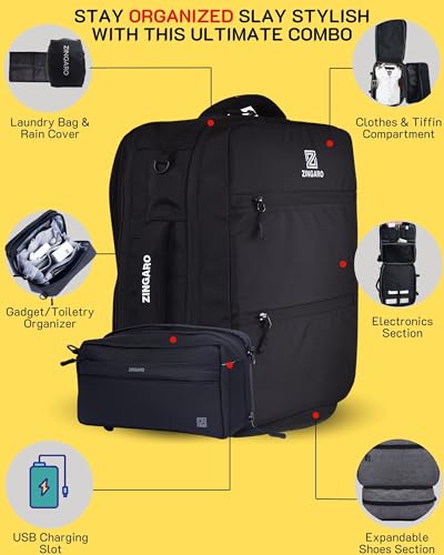 Image of Zingaro Combo Large 40l Travel Lapotp Bag For Men Women Laptop Backpack For Men Women Tech Organizer Pouch