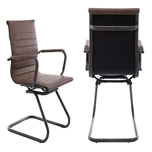 Image of Office Reception Chairs No Wheels Leather Conference Chairs Back Support Guest Chair, Set of 2 (Vintage Brown)