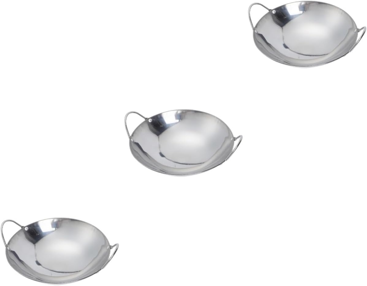 Alipis 3pcs Stainless Steel Griddle Stainless Steel Everyday Pan Stovetop Wok Pan Korean Hot Pot Wok Stainless Steel Chinese Wok with Double Handle Pow Wok Burner Steak Individual Metal