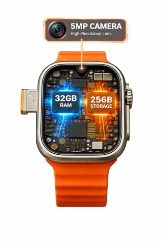 Image of Neotech S9 4G /5G SIMCARD Android Smart Watch with Dual 5 Megapixel Camera, 32 GB RAM+264 GB Memory, High-Resolution Lens, Orange & Black Silicone Strap