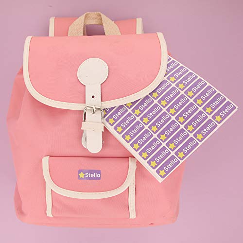 Teddylabels - 120 Personalized Name Labels (1.2” x 0.5”) to Use on Clothes and Gear. Waterproof and Self-Adhesive Labels for Everyone – Toddlers, School Kids, and Parents - Shapes - Purple - 6