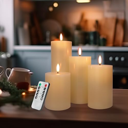 Image of Flickering Flameless Candles, Real Wax Battery Operated Candles with Remote, Flat Top Led Flameless Pillar Candles for Home, Wedding, Party Decor, Set of 4, Φ 3 inch H 4 inch 5 inch 6 inch 8 inch, Ivory
