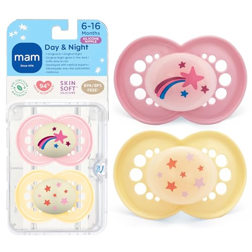 Image of MAM Original Baby Pacifiers 6-16 Months, Binky for Newborn Babies, BPA-Free Skin Soft Silicone Nipple, Glows in The Dark, Developed with Medical Experts, 2 Count, Sterilizer Case, Made in Europe