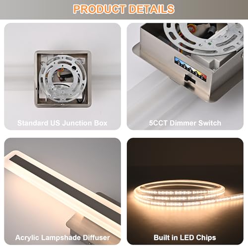 Image of Modern Bathroom Vanity Light Fixtures 15.7 Inch, 20W Brushed Nickel LED Vanity Lights Over Mirror, 5CCT Dimmable LED Wall Sconces Light Linear Bar Bath Lights for Bathroom Cabinets Bedroom