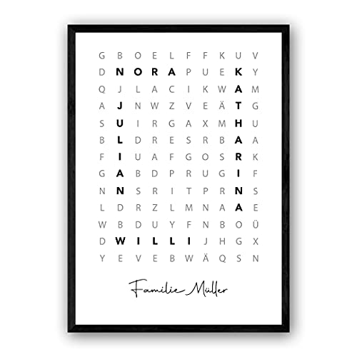 Personalisiertes Familie Poster – Kreuzworträtsel mit Namen – Wortsuchrätsel Wandbild als Deko – Geschenk für Einzug oder Jahrestag – Minimalistischer Schwarz-Weiß-Stil – Größe & Rahmen Optional