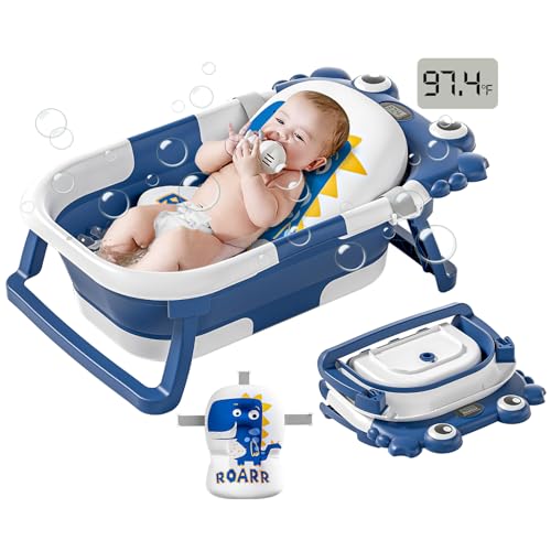 Image of Collapsible Baby Bathtub for Newborns to Toddler with Real-time Temp Monitor & Floating Cushion,Portable Travel Tub for 0-36 Month, Foldable Baby Bath Tub for Infants Boy (Blue)