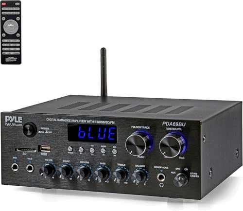Pyle Amplificatore Audio Stereo Bluetooth, 300 Watt, Doppio Canale, MP3, USB, SD, AUX, RCA, MIC, Cuffie, FM, LED, Eco Delay, per Home Theater, Studio