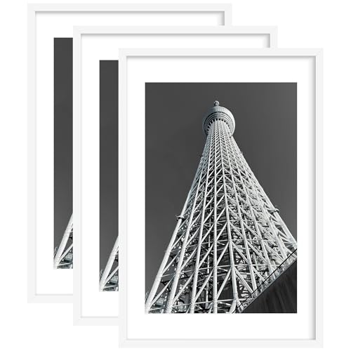 Abtgt 24x36 Poster Frame Set of 3, Display Pictures 20 x 30 with Mat or 24 x 36 without Mat, Picture Frame for Wall Mounting Display, White