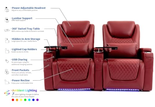 Airadlis Home Theater Seating Seats, Theater Recliner Chair Sofa Game Movie Theater Chairs with 7 Colors Ambient Lighting, Lumbar Pillow, Side Pocket, Tray Table, Power Recline, Red
