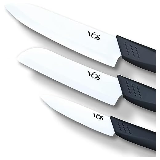 Vos Ceramic Knife Set in Elegant Gift Box, Ceramic Knives Set For Kitchen, Ultra Sharp Kitchen Knife Set with Covers, 4" 5" 6" Paring, Santoku & Chef Knife, Lightweight, Dishwasher safe (Black Handle)