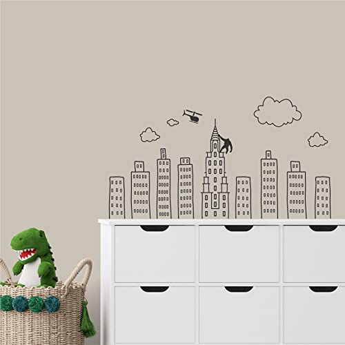 Wallency City Wall Decal - Doodled City Skyline Wall Decal - Superhero City Room Wall Decor - Removable Vinyl Sticker - Made In The Usa (22" X 40", Black) #TOP2