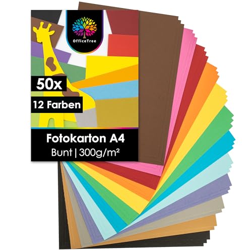 OfficeTree 50x Bastelkarton A4 300g - 12 Farben - Tonkarton A4 Bunt - Pappkarton - Pappe zum Basteln - Fotokarton 300g