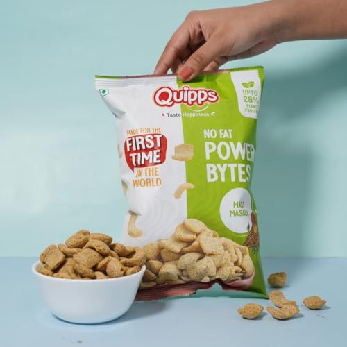 Image of Quipps No Fat Power Bytes - Mast Masala | 60g | High-Protein Puffed Snack | Up to 28% Plant Protein | Inherent Fat Up to 4% | Gluten-Free | Non-Fried | Crunchy, Healthy Multigrain Tea-Time Office Snack | No Preservatives | Patent Applied