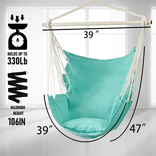 Dekool Hammock Chair Hanging Rope Swing, Detachable Steel Support Bar, Max 330 Lbs, Soft Durable Cotton Canvas, 1 Cushion & Hanging Hardware Included, For Indoor Outdoor, Green #TOP1