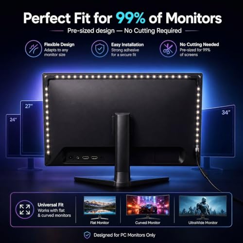 Image of Smart RGBIC PC Backlight for 24-34 Inch Monitor with Monitor Sync & Music Sync, USB Powered RGB Ambient Light for Gaming Setup, Desk, Bedroom & PC Monitor Backlight