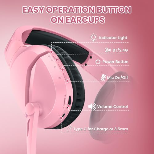 Image of WolfLawS Wireless Gaming Headset with Mic for PS5 PS4 PC, 48Hrs, Wired for Gamecube (Regular Edition, Pink)